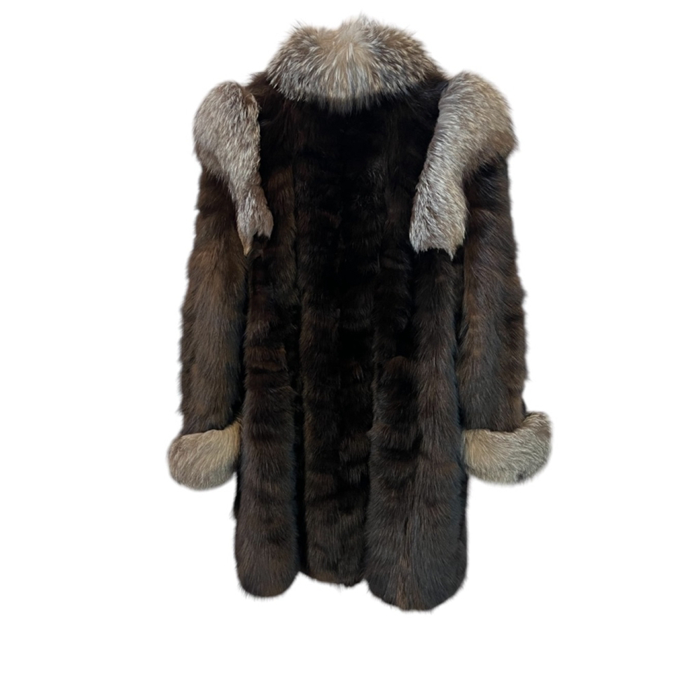 VINTAGE Mink Fur Brown Grey Trim Mid Length Heavy Coat Jacket L - Picture 4 of 10